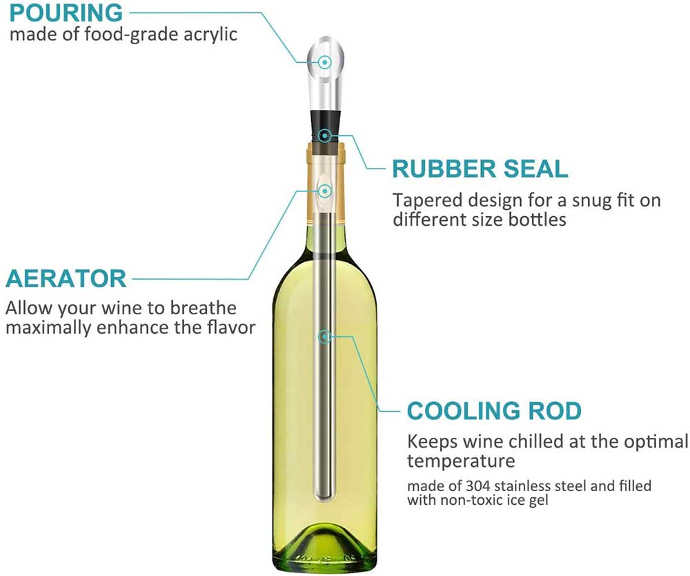 Wine Chill Stick Stainless Steel Rod with Pour Spout & Aerator for all Chilled Wines. 